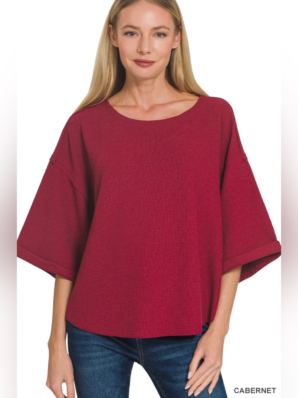 Zenana Cabernet Double Knit Exposed Seam Curved Hem Short Sleeve Top